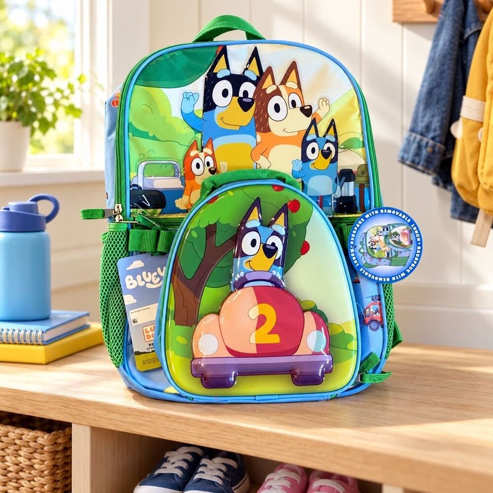 Bluey Kids Backpack with Removable Lunch Bag Blue Green School Bag Set New Tags